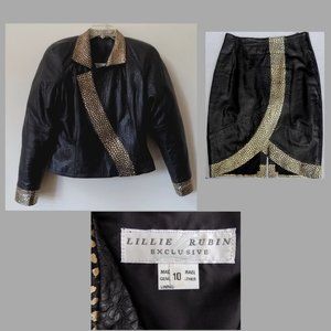 VTG Lillie Rubin black leather suit 10 Gold trim Reptile Jacket Skirt 2-piece